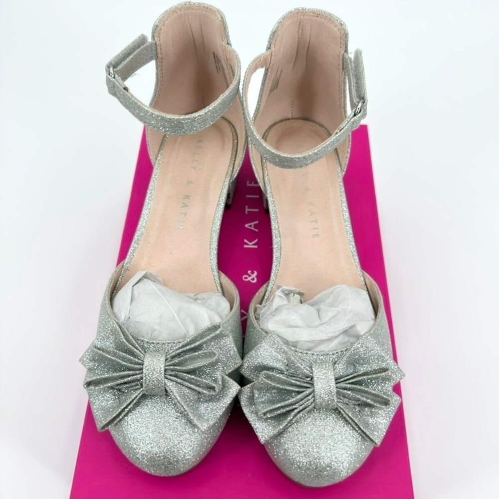 Kelly & Katie Victoria Kids Silver Glitter Bow Block Heel Dress Shoes Size 3M
